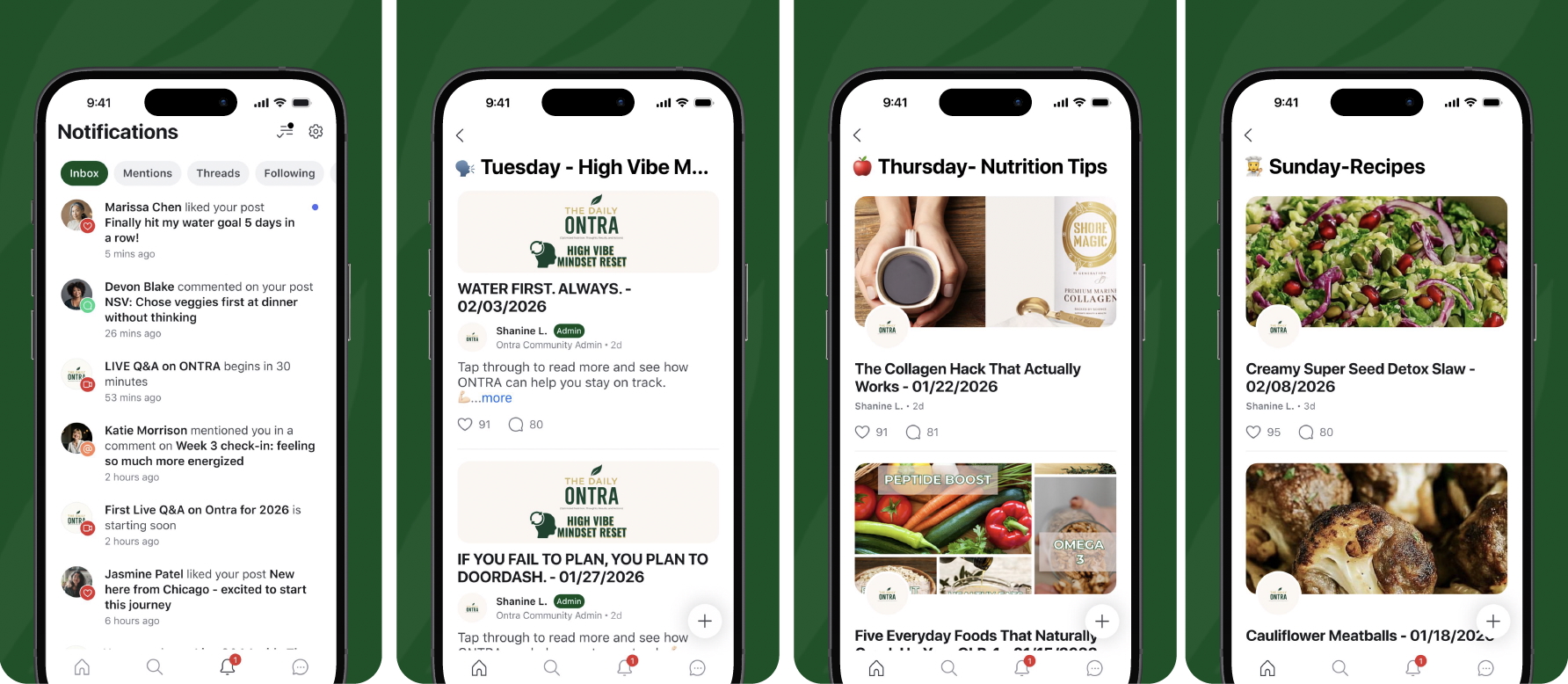 The Daily ONTRA app — recipes, nutrition tips, and community notifications